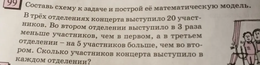 Составь схему к задаче и построй её математическую модель. В трёх отделениях концерта выступило 20 участников. Во втором отделении выступило в 3 раза меньше участников, чем в первом, а в третьем отделении – на 5 участников больше, чем во втором. Сколько участников концерта выступило в каждом отделении?