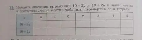Найди значения выражений 10-2у и 10+2у при заданных значениях переменной и запиши их в таблицу