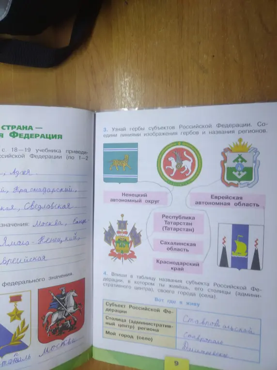 Соедини гербы субъектов Российской Федерации с названиями регионов и впиши в таблицу названия субъекта Российской Федерации, его столицы и своего города