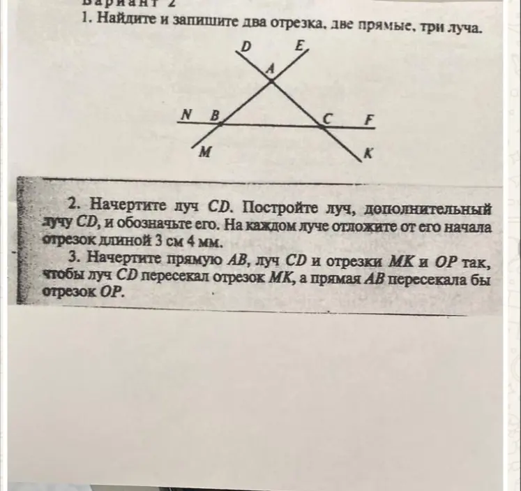 Помоги мне найти и записать два отрезка, две прямые, три луча на изображении.