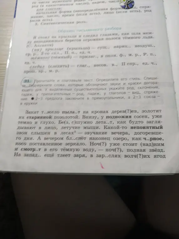 Помоги мне выполнить задание 31: Прочитайте и озаглавьте текст. Определите его стиль. Спишите и подчеркните те слова, которые обозначают звуки и краски догорающего дня. У выделенных существительных укажите род, склонение, падеж; у прилагательных - род, падеж; у глаголов - вид, спряжение. 2-3 предлога заключите в прямоугольники, а 2-3 союза в кружки.