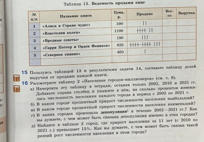 Составь таблицу долей выручки от продажи каждой книги, пользуясь таблицей 13 и результатами задачи 14