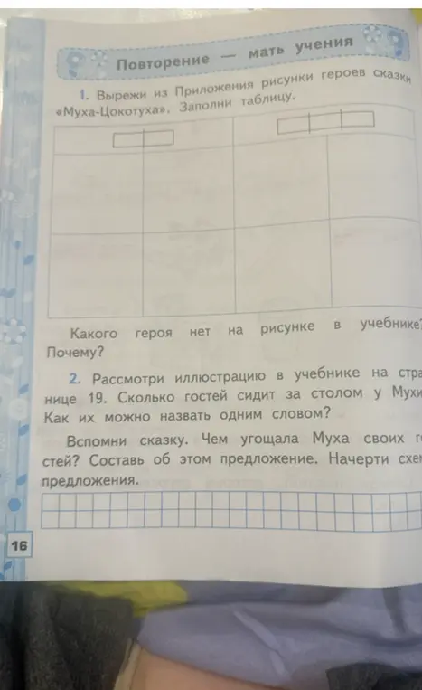 Помоги рассмотреть иллюстрацию в учебнике на странице 19 и ответить на вопросы: Сколько гостей сидит за столом у Мухи?