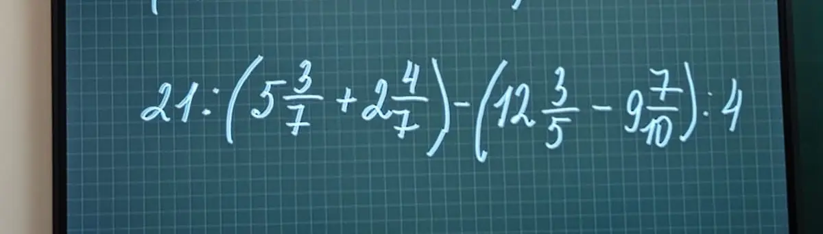 Можешь решить пример 21:(5 3/7+2 4/7)-(12 3/5-9 7/10):4?