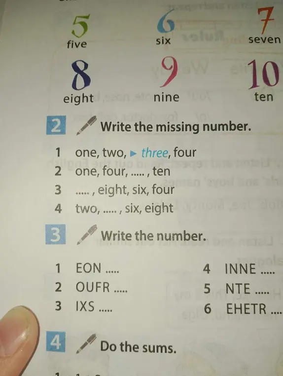 Выполни задания на английском языке: 2. Write the missing number; 3. Write the number