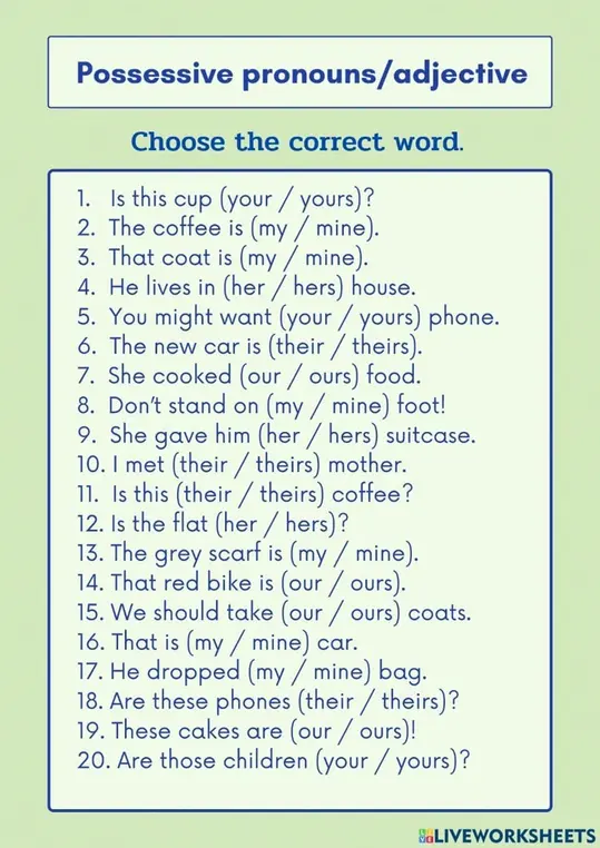 Выбери правильное слово в предложении "Is this cup (your / yours)?"