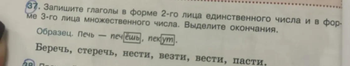 Помоги записать глаголы «беречь, стеречь, нести, везти, вести, пасти» в форме 2-го лица единственного числа и в форме 3-го лица множественного числа и выделить окончания.
