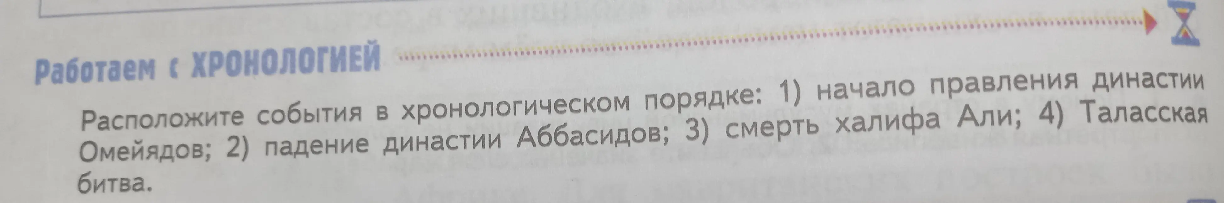Ты просишь расположить исторические события в хронологическом порядке: начало правления династии Омейядов, падение династии Аббасидов, смерть халифа Али, Таласская битва.
