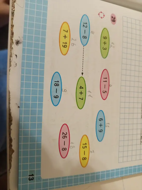 Реши примеры: 12-8, 9+3, 11-5, 6+9, 4+7, 7+19, 18-9, 26-8, 15-8