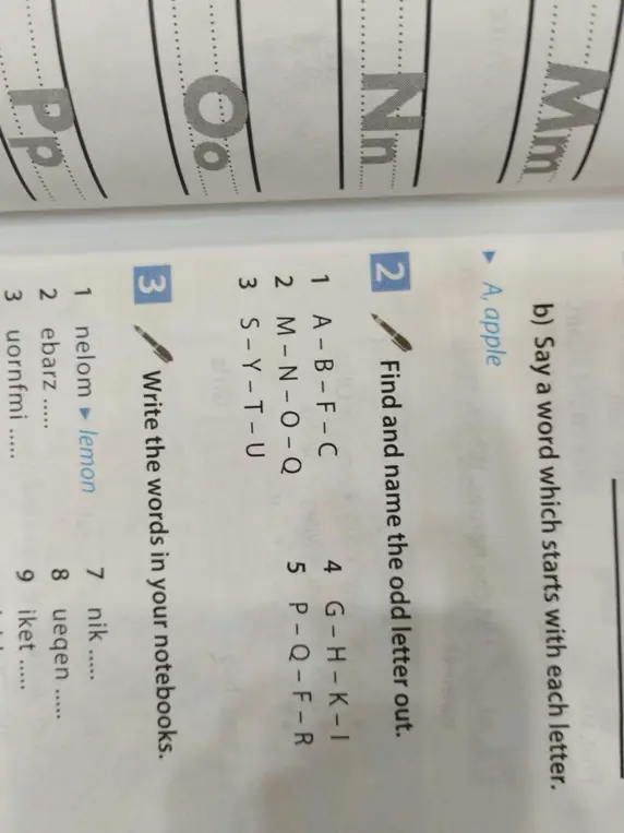 Найди и назови лишнюю букву в задании 2 и напиши слова в задании 3