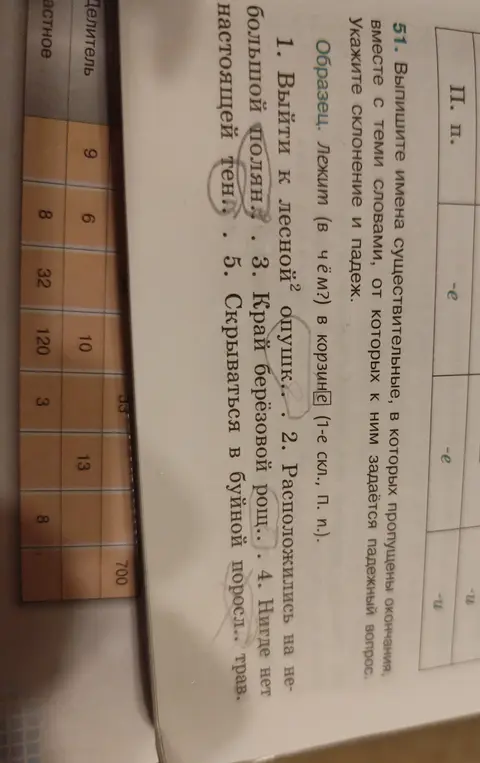Помоги выписать имена существительные, в которых пропущены окончания, вместе с теми словами, от которых к ним задаётся падежный вопрос. Укажи склонение и падеж в предложении: 'Выйти к лесной опушке'.