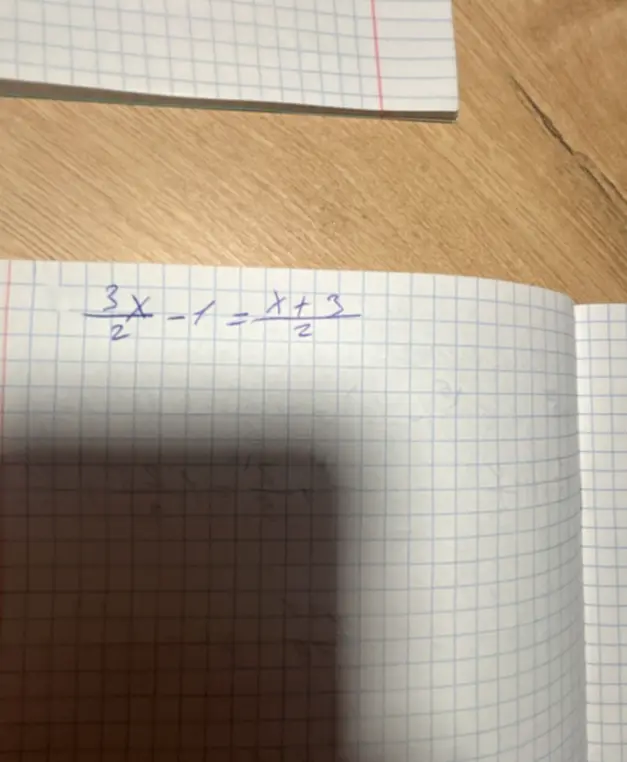 Реши уравнение \frac{3x}{2} - 1 = \frac{x + 3}{2}