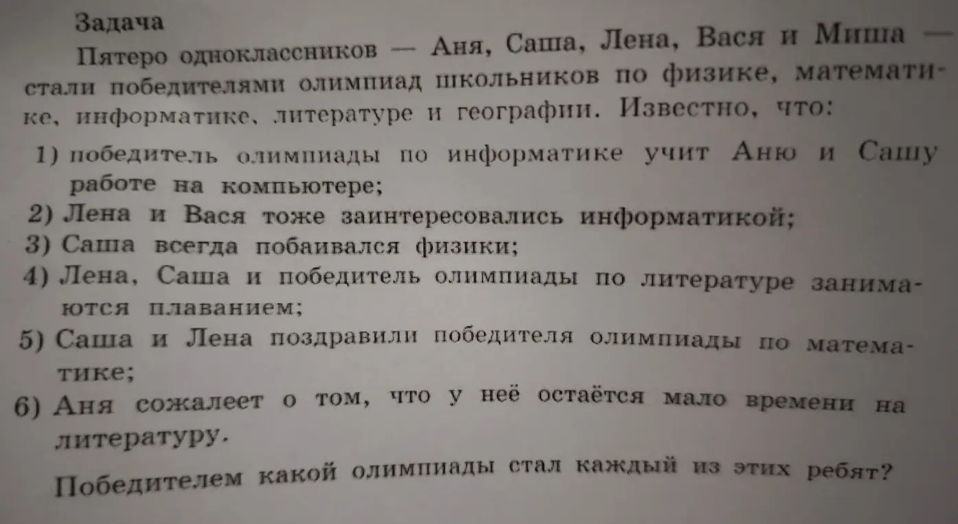 Можешь помочь мне решить задачу: «Пятеро одноклассников — Аня, Саша, Лена, Вася и Миша стали победителями олимпиад школьников по физике, математике, информатике, литературе и географии. Известно, что победитель олимпиады по информатике учит Аню и Сашу работе на компьютере»?