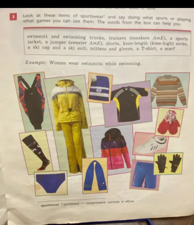Ты просишь составить предложения со словами sportswear, swimsuit, swimming trunks, trainers, sports jacket, jumper, shorts, knee-length socks, ski cap, ski suit, mittens and gloves, T-shirt, scarf.