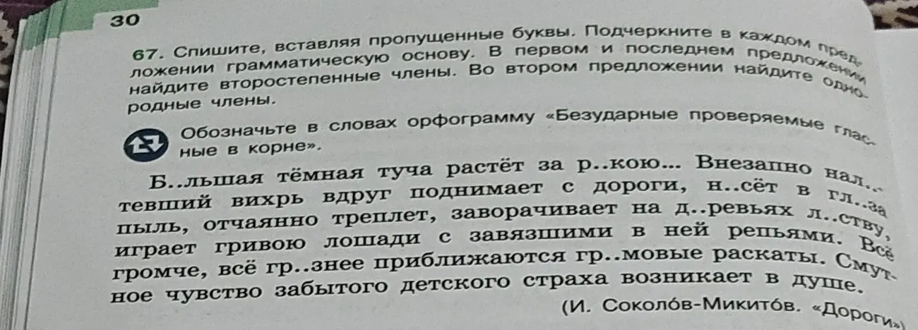Ты просишь списать текст, вставляя пропущенные буквы, подчеркнуть грамматическую основу и найти второстепенные и однородные члены.
