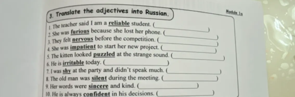 Переведи на русский язык прилагательные: reliable, furious, nervous, impatient, puzzled, irritable, shy, silent, sincere, confident.