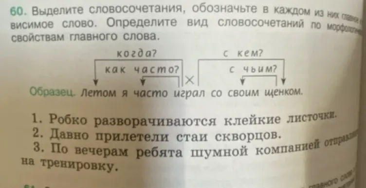 Выдели словосочетания, обозначь в каждом из них главное и зависимое слово. Определи вид словосочетаний по морфологическим свойствам главного слова в предложениях: "Робко разворачиваются клейкие листочки", "Давно прилетели стаи скворцов", "По вечерам ребята шумной компанией отправляются на тренировку".