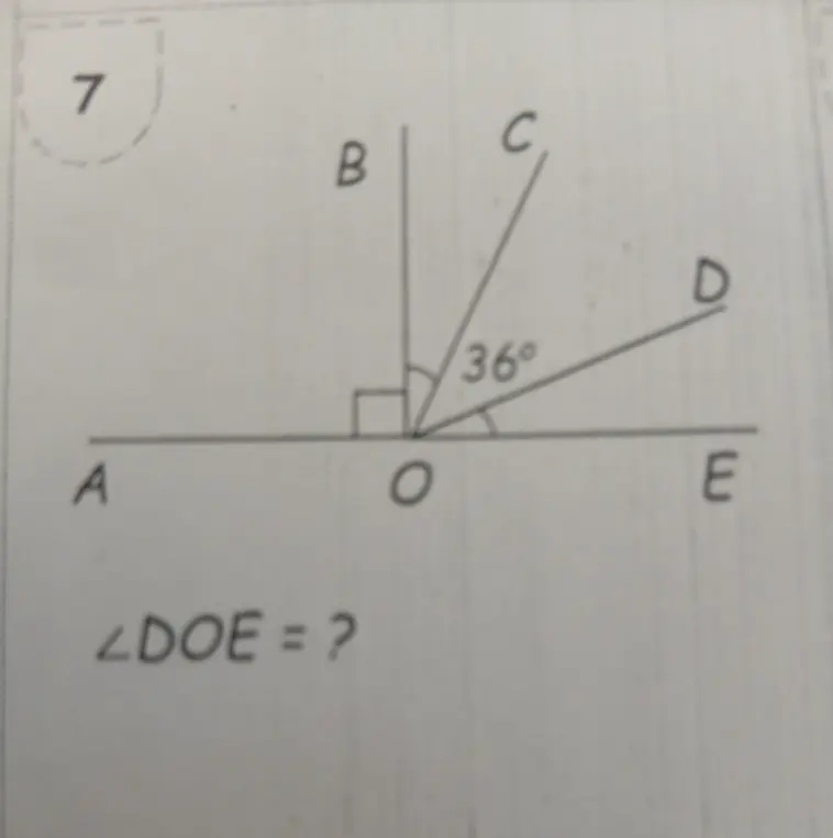 Как найти угол DOE, если дан прямой угол AOB и угол COD 36 градусов?