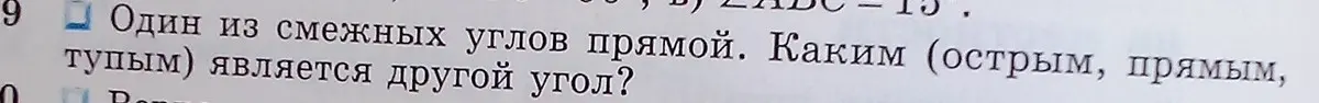 Определи, каким является другой угол, если один из смежных углов прямой.