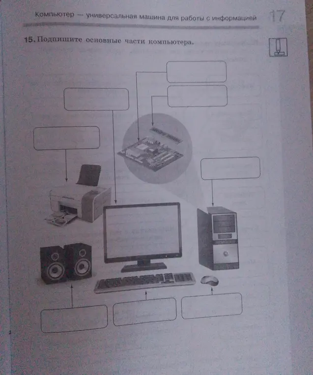 Подпиши основные части компьютера на картинке