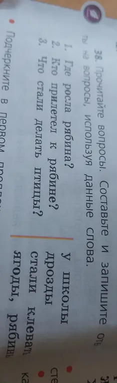 Составь и запиши ответы на вопросы, используя данные слова: Где росла рябина?