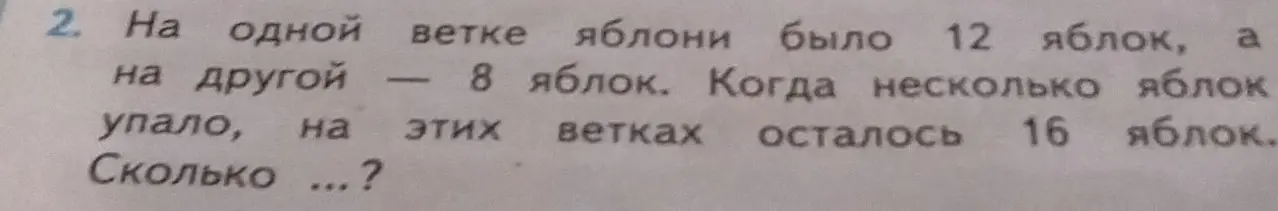 Можешь ли ты помочь мне решить задачу: На одной ветке яблони было 12 яблок, а на другой — 8 яблок. Когда несколько яблок упало, на этих ветках осталось 16 яблок. Сколько яблок упало?