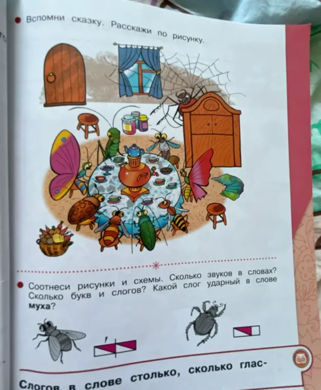 Соотнеси рисунки и схемы, определи количество звуков и слогов, а также ударный слог в слове "муха"