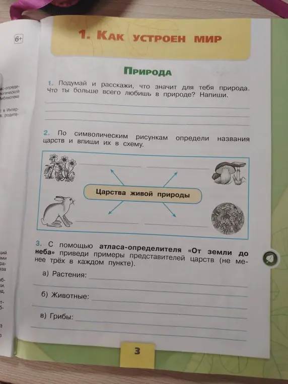 Как по символическим рисункам определить названия царств и вписать их в схему? С помощью атласа-определителя «От земли до неба» привести примеры представителей царств (не менее трёх в каждом пункте).