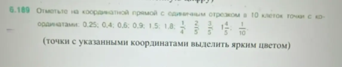 Отметьте на координатной прямой с единичным отрезком в 10 клеток точки с координатами: 0,25