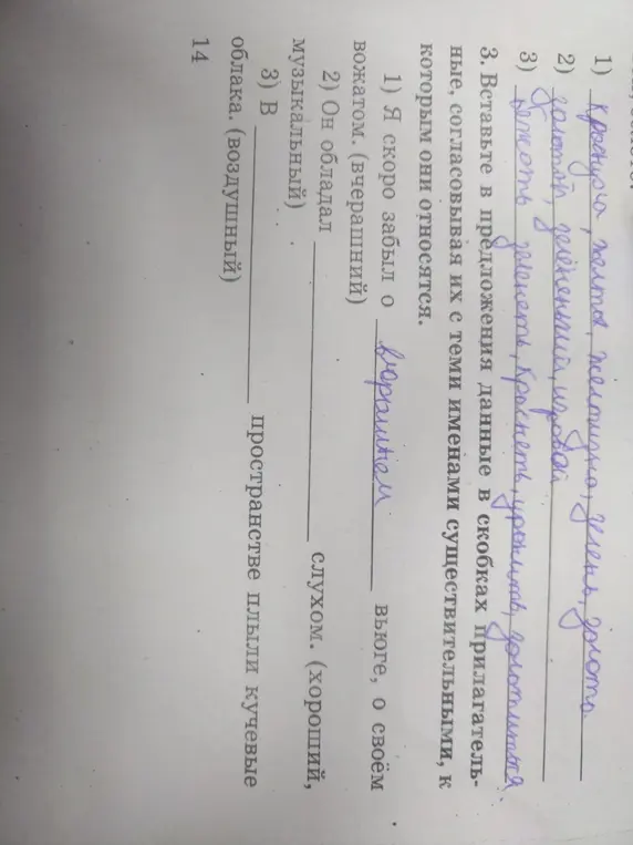 Вставь в предложения данные в скобках прилагательные, согласовывая их с теми именами существительными, к которым они относятся: Я скоро забыл о вожатом. (вчерашний)