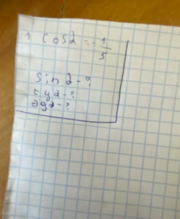 Реши задачу: если cos(α) = -1/5, найди sin(α), tg(α) и ctg(α)