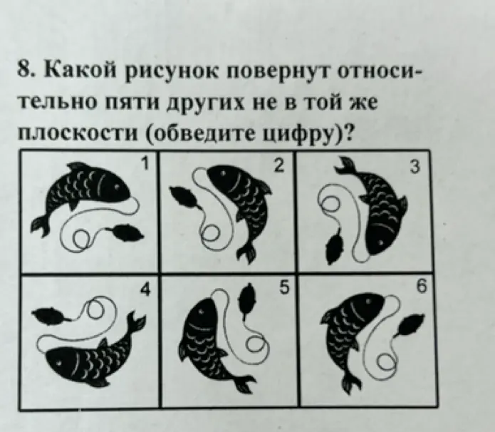 Какой рисунок повернут относительно пяти других не в той же плоскости?
