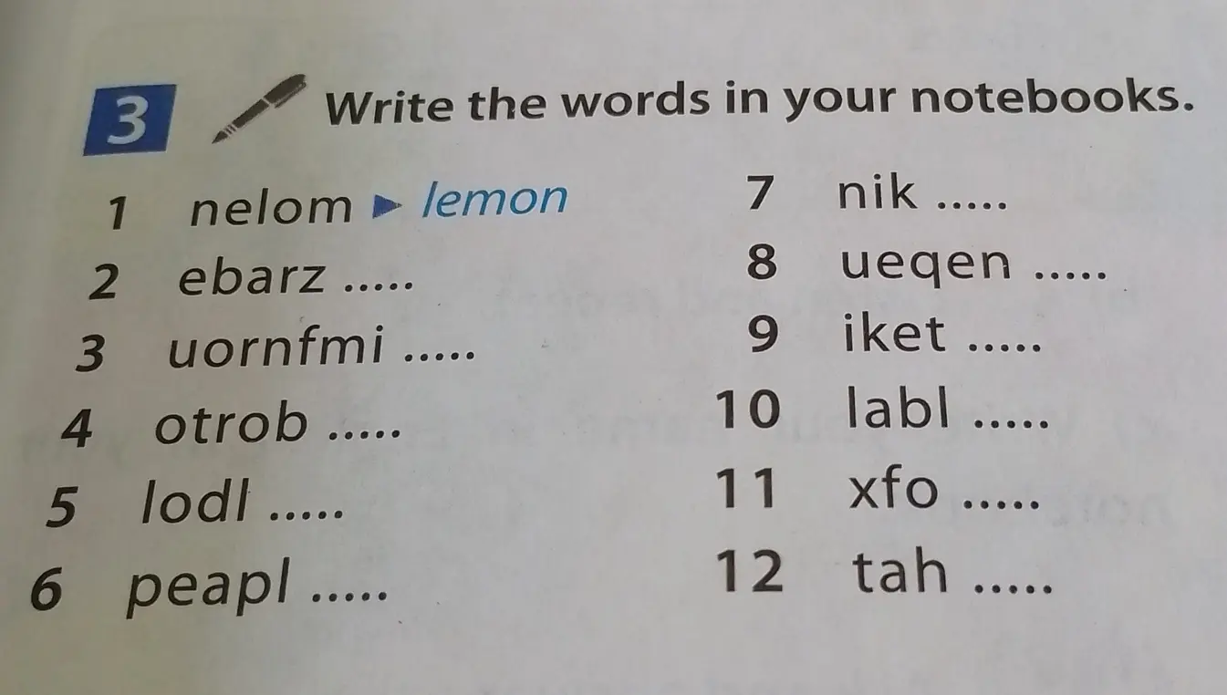 Напиши, какие слова можно составить из букв nelom, ebarz, uornfmi, otrob, lodl, peapl, nik, ueqen, iket, labl, xfo, tah