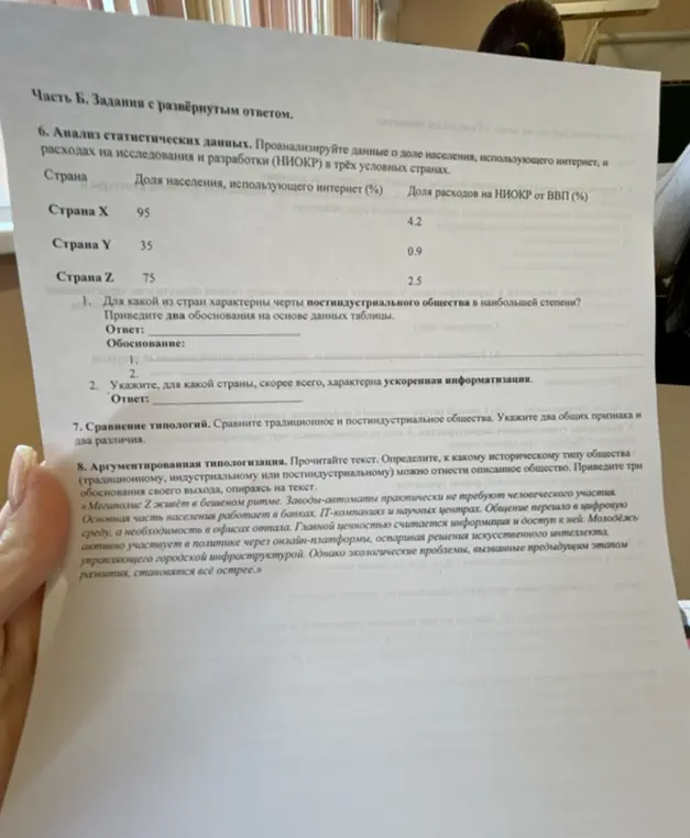 Проанализируй данные о доле населения, использующего интернет, и расходах на исследования и разработки (НИОКР) в трёх условных странах и определи для какой из стран характерны черты постиндустриального общества в наибольшей степени