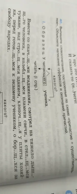 Составь словосочетания по схеме «причастие + существительное» и объясни написание суффиксов и окончаний причастий.