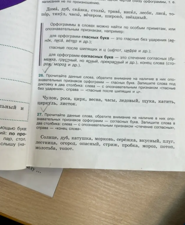 Раздели слова на группы в соответствии с их признаками орфограмм (гласные без ударения / гласные после шипящих и ц, стечение согласных / конец слова)