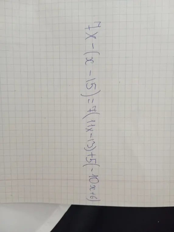 Реши уравнение 7x-(x-15)=7 (11x-13) +5 (-10x+6)