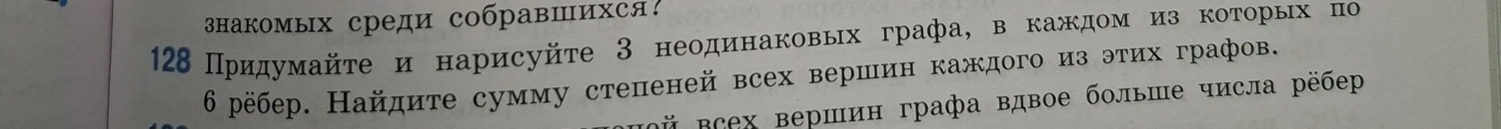Объясни, как найти сумму степеней всех вершин каждого из трех неодинаковых графов с 6 рёбрами.