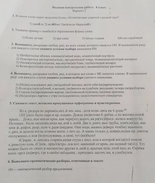 Выполни для меня задания по русскому языку: определи слово с верным ударением, укажи пример с ошибкой в форме слова, вставь пропущенные буквы и знаки препинания в тексте, выполни синтаксический разбор предложения.
