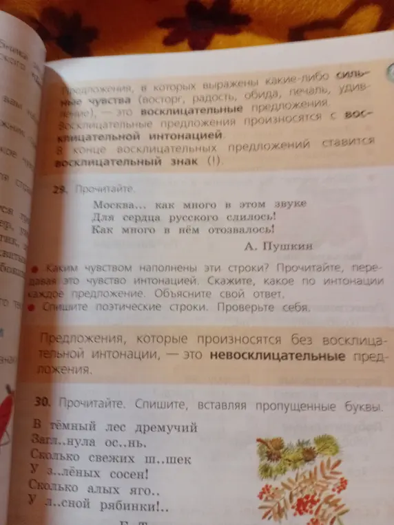 Выполни упражнение 29: Определи, каким чувством наполнены эти строки? Выполни упражнение 30: В тёмный лес дремучий Загл..нула ос..нь.