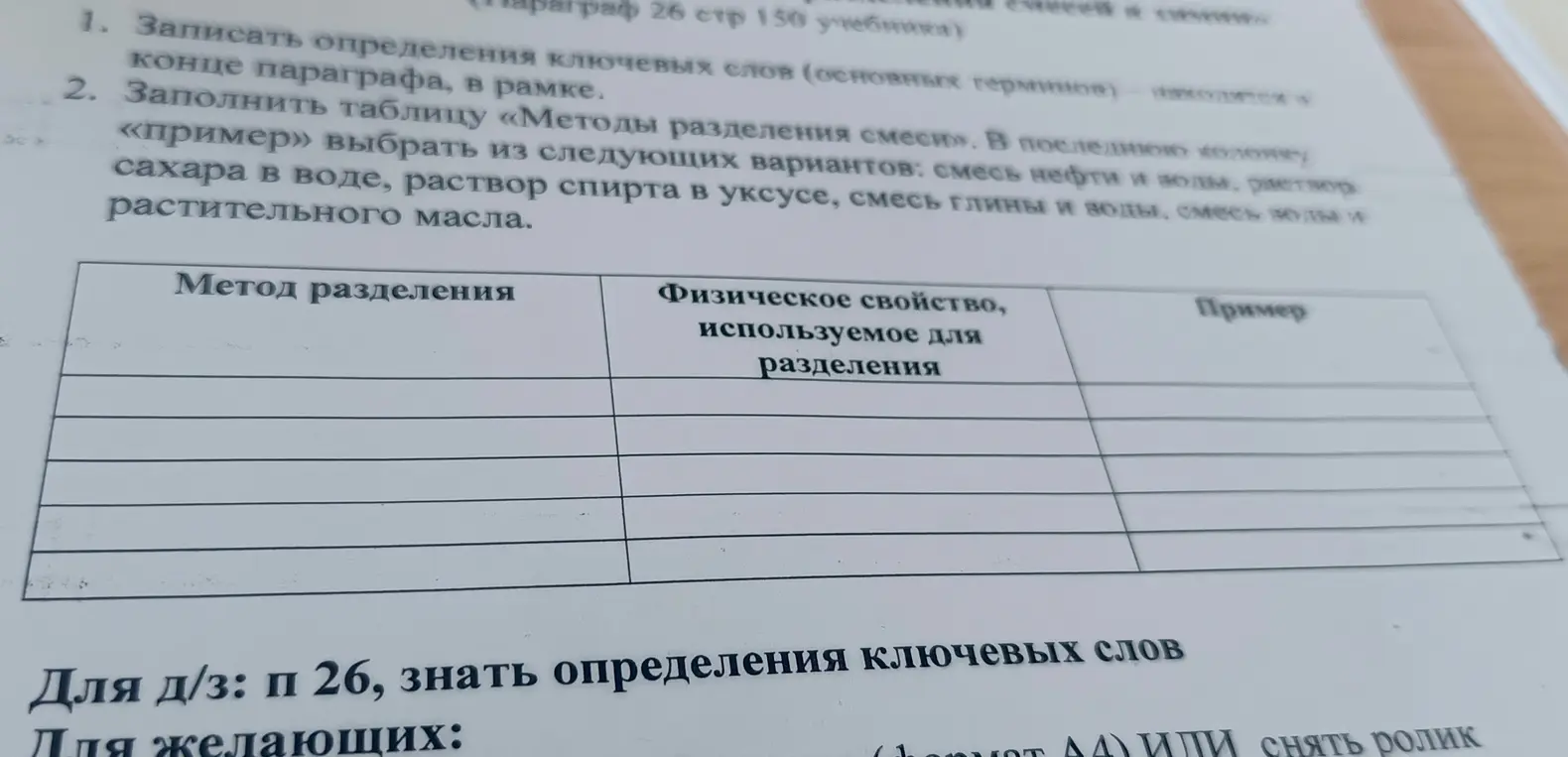 Заполни таблицу «Методы разделения смеси». В последнюю колонку «пример» выбери из следующих вариантов: смесь нефти и воды.