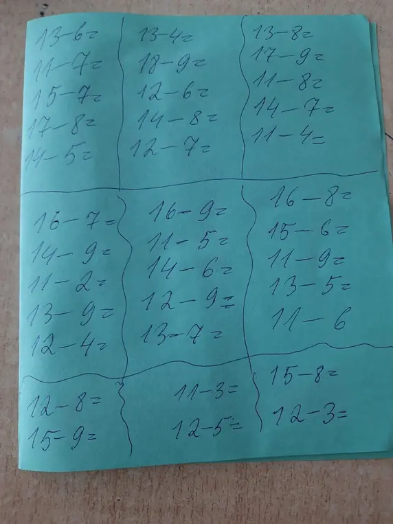 Реши примеры 13-6=, 11-7=, 15-7= и остальные примеры на листе. Когда решаете примеры +5, +6, +7, +8, +9, пользуйтесь перестановкой слагаемых