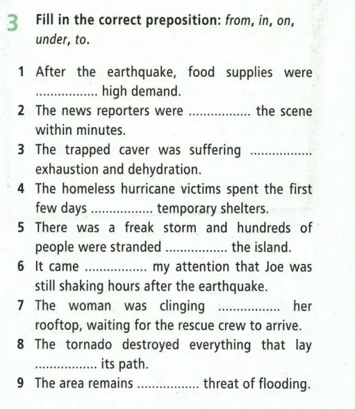 Заполни пропущенный предлог: from, in, on, under, to в предложении 'After the earthquake, food supplies were ... high demand.'