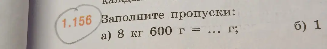 Предложи заполнить пропуски в задании: 8 кг 600 г = ... г