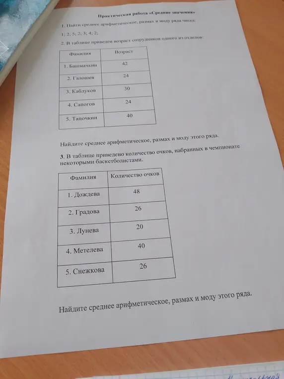 Помоги мне найти среднее арифметическое, размах и моду для числового ряда, возраста сотрудников и количества очков баскетболистов.