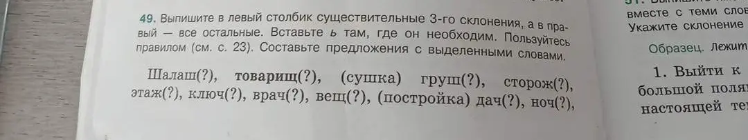 Выпиши в левый столбик существительные 3-го склонения, а в правый – все остальные. Вставьте ь там, где он необходим