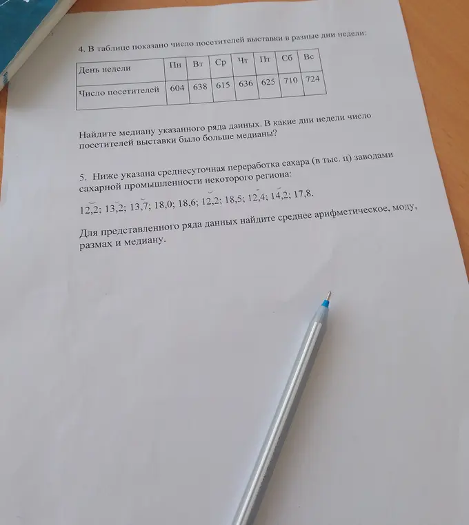 Помоги, пожалуйста, найти медиану указанного ряда данных в таблице и определить дни недели, когда число посетителей выставки было больше медианы. Также нужно найти среднее арифметическое, моду, размах и медиану для среднесуточной переработки сахара.