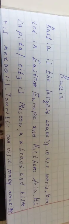 Напиши короткий текст о своей стране, упоминая название, местоположение, столицу и места, которые турист может посетить.