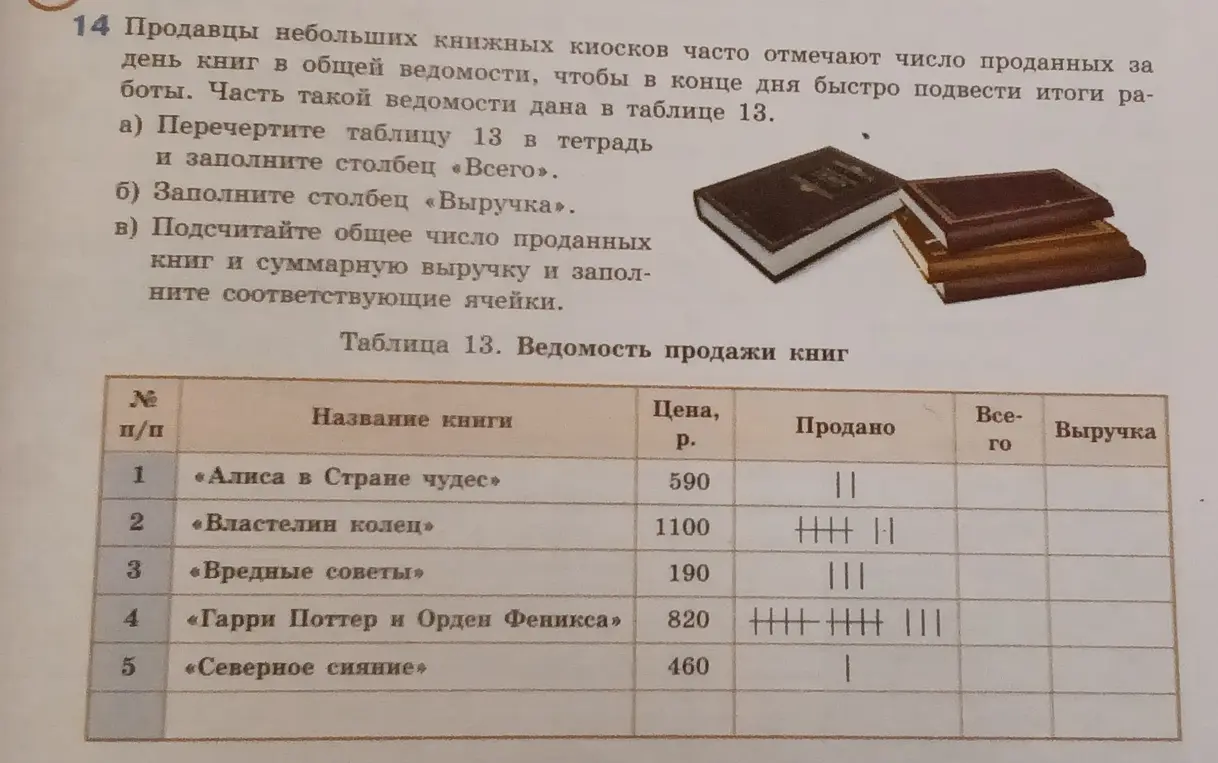 Объясни, как заполнить таблицу ведомости продажи книг: перечертить таблицу и заполнить столбец «Всего», заполнить столбец «Выручка» и подсчитать общее число проданных книг и суммарную выручку.