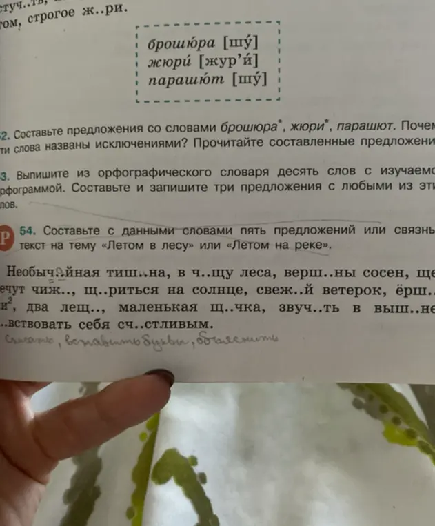 Составь с данными словами пять предложений или связный текст на тему «Летом в лесу» или «Летом на реке» и вставь пропущенные буквы